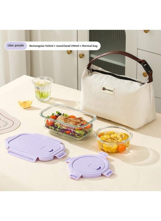 Long Glass Fresh-keeping Bowl Microwave Heatable Glass Bowl For Office Students With Meal Separated Lunch Box Lunch Box-Specifications:Rectangular Non-divided 900ml + Round 390ml + Insulation Bag - Lilac