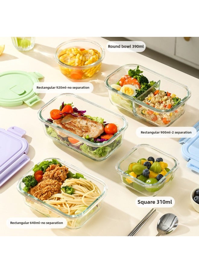 Long Glass Fresh-keeping Bowl Microwave Heatable Glass Bowl For Office Students With Meal Separated Lunch Box Lunch Box-Specifications:Rectangular Non-divided 900ml + Round 390ml + Insulation Bag - Lilac