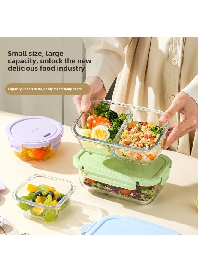 Long Glass Fresh-keeping Bowl Microwave Heatable Glass Bowl For Office Students With Meal Separated Lunch Box Lunch Box-Specifications:Rectangular Non-divided 900ml + Round 390ml + Insulation Bag - Lilac