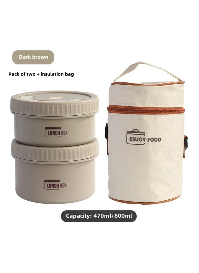 Double Layer Stainless Steel Insulated Lunch Box Microwave Safe Japanese Style Student Food Grade Meal Box With Lid Soup Bowl-Specifications:Dark Brown Lunch Box 2 Pack + Thermal Bag-Color:304 Liner