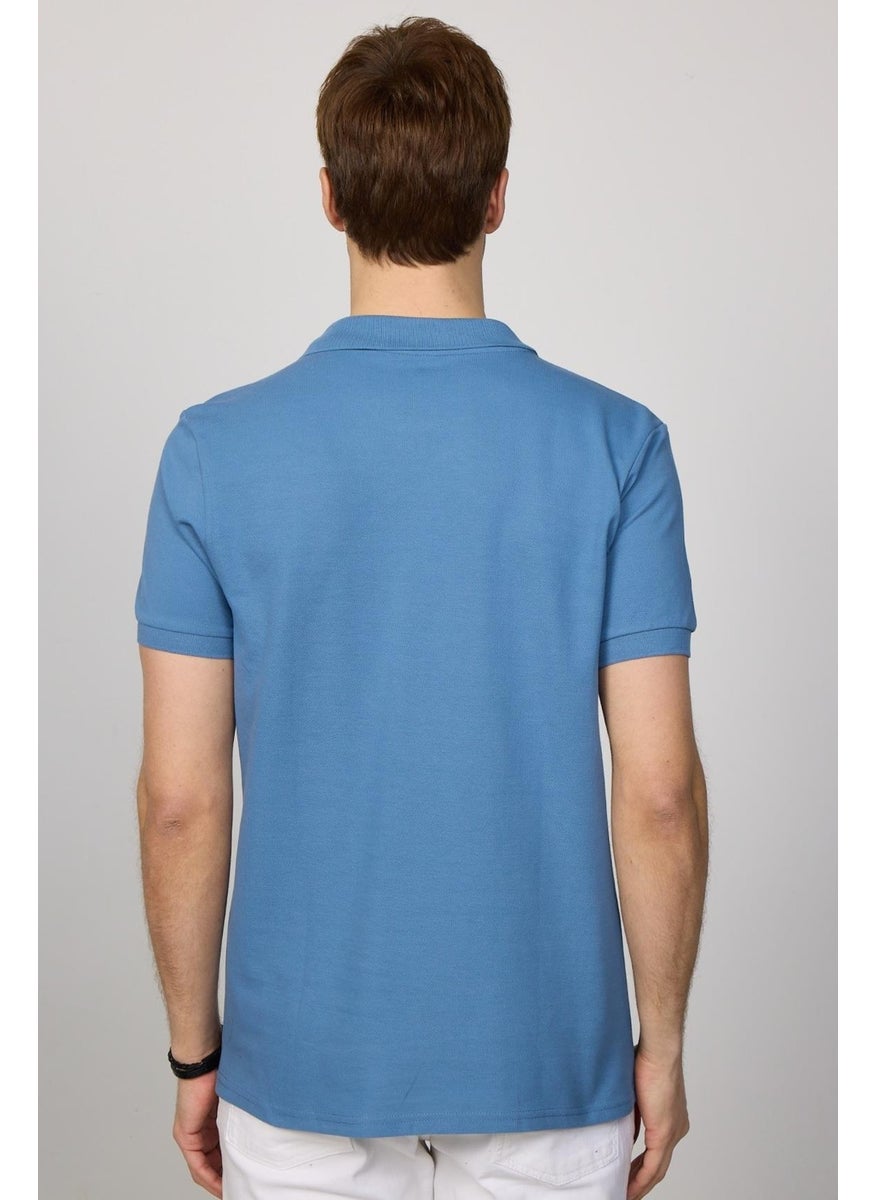 Men's Slim Fit Narrow Cut Cotton Plain Pique Petrol Color Polo Collar T-Shirt