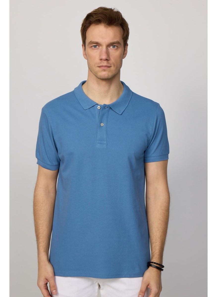 Men's Slim Fit Narrow Cut Cotton Plain Pique Petrol Color Polo Collar T-Shirt