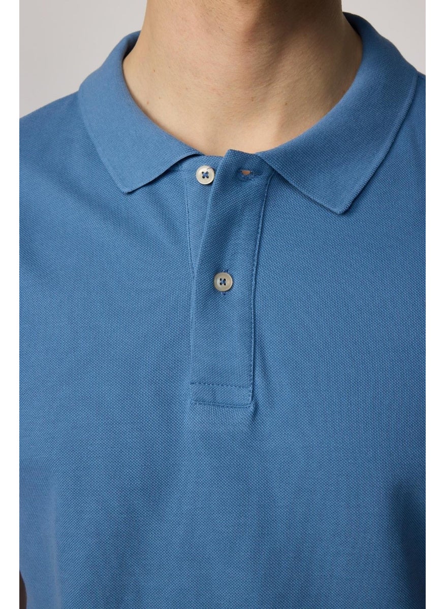 Men's Slim Fit Narrow Cut Cotton Plain Pique Petrol Color Polo Collar T-Shirt