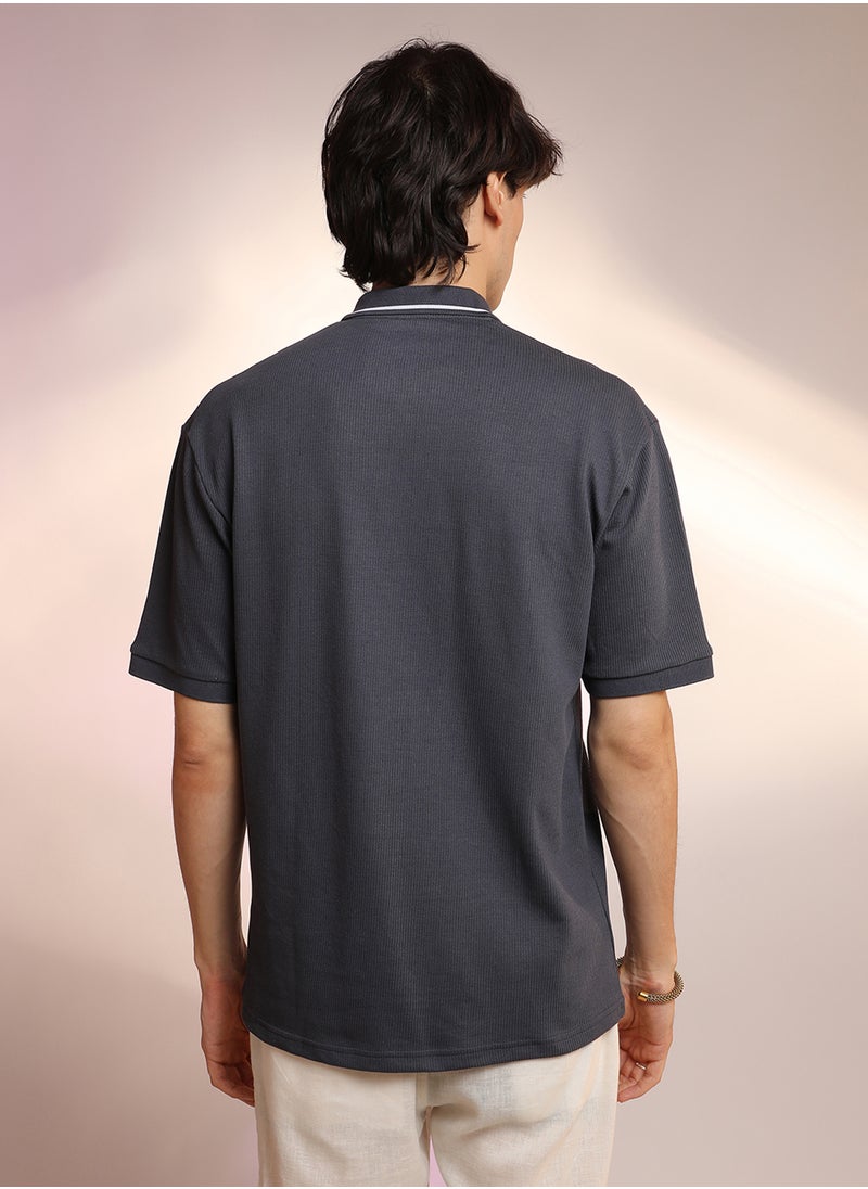 Men's Charcoal Grey Micro-Waffle Polo T-Shirt