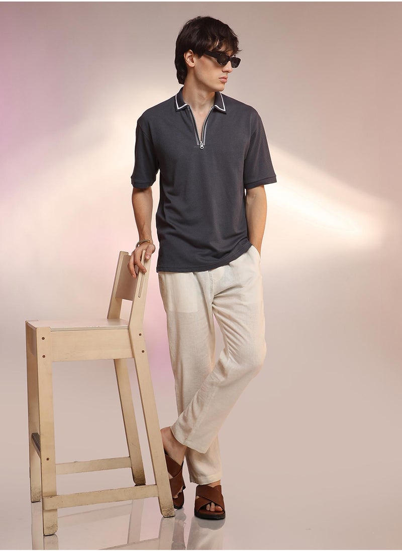 Men's Charcoal Grey Micro-Waffle Polo T-Shirt