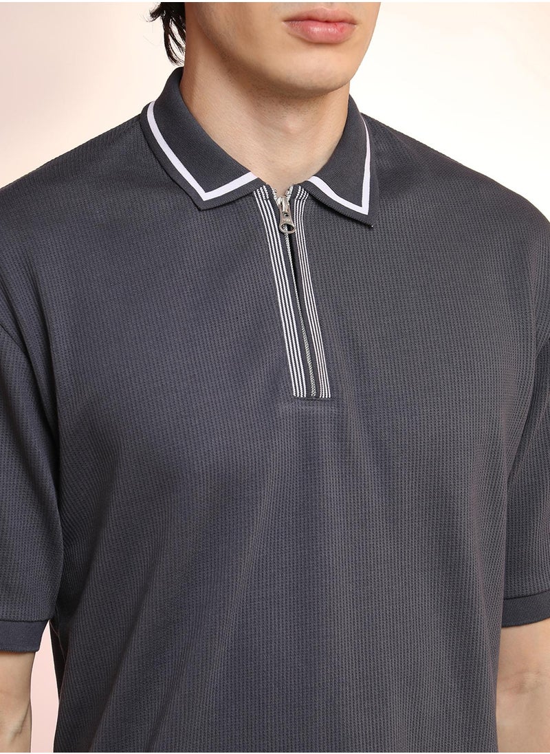 Men's Charcoal Grey Micro-Waffle Polo T-Shirt