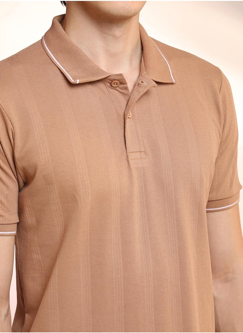Men's Buff Beige Lined-Knit Polo T-Shirt