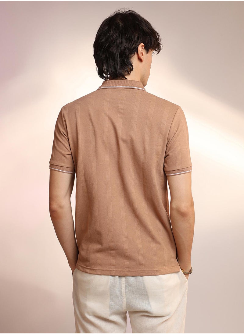 Men's Buff Beige Lined-Knit Polo T-Shirt