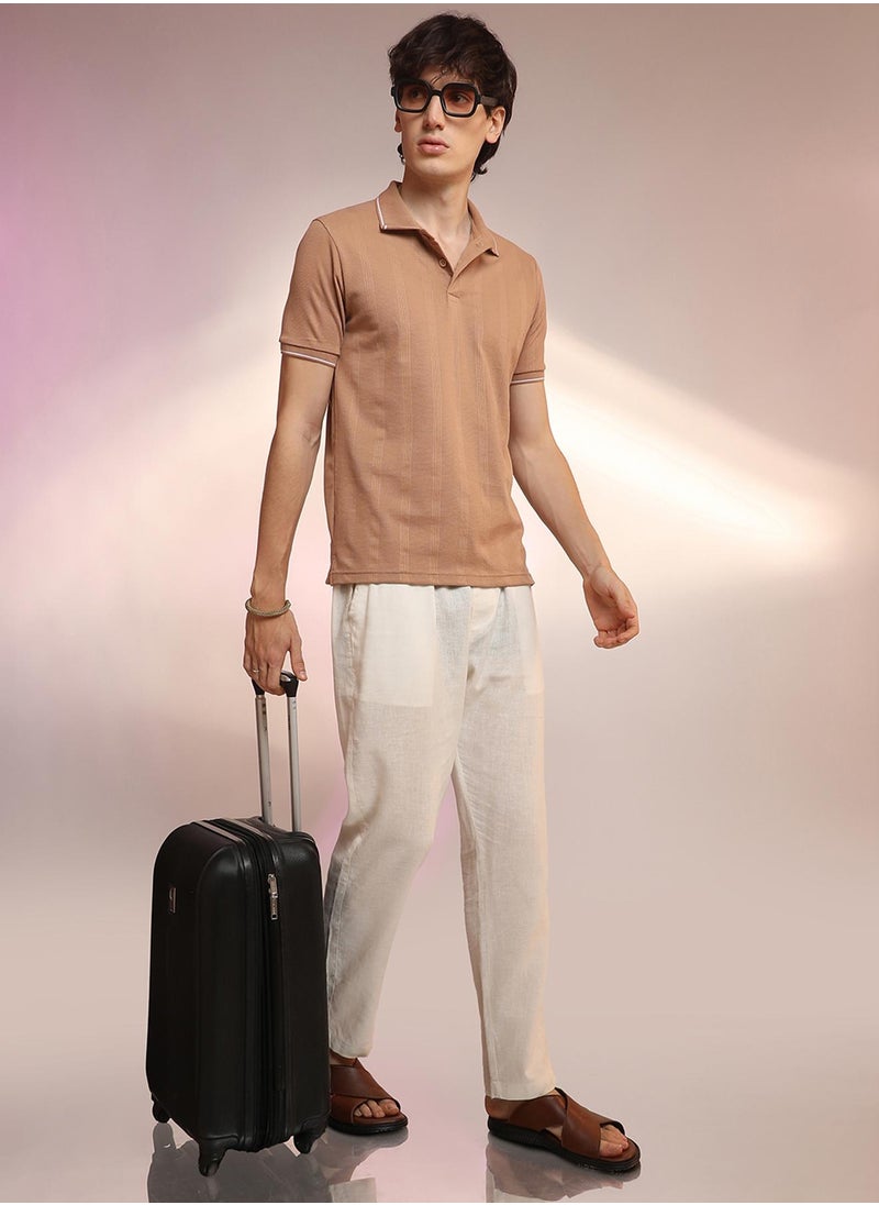 Men's Buff Beige Lined-Knit Polo T-Shirt