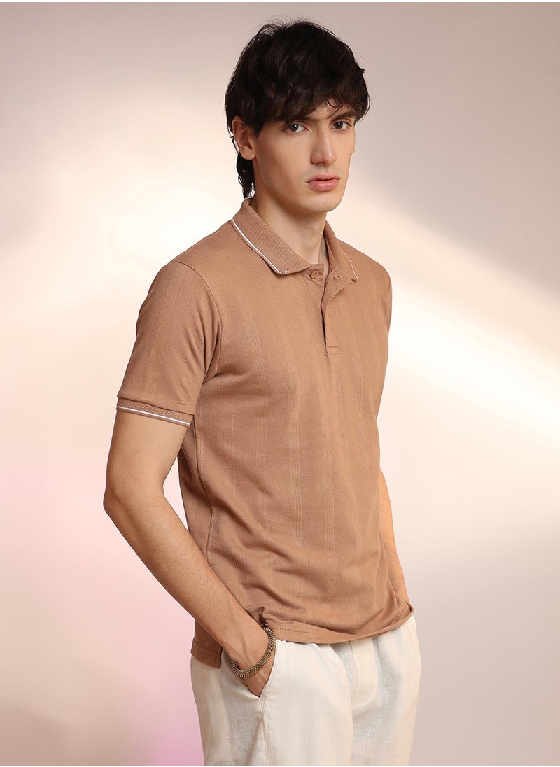 Men's Buff Beige Lined-Knit Polo T-Shirt