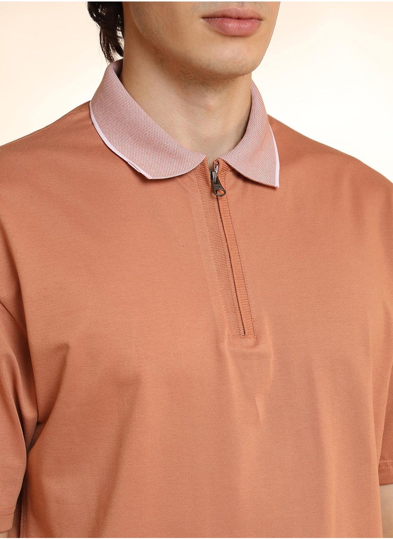 Men's Cantalope Orange Solid Oversized Polo T-Shirt