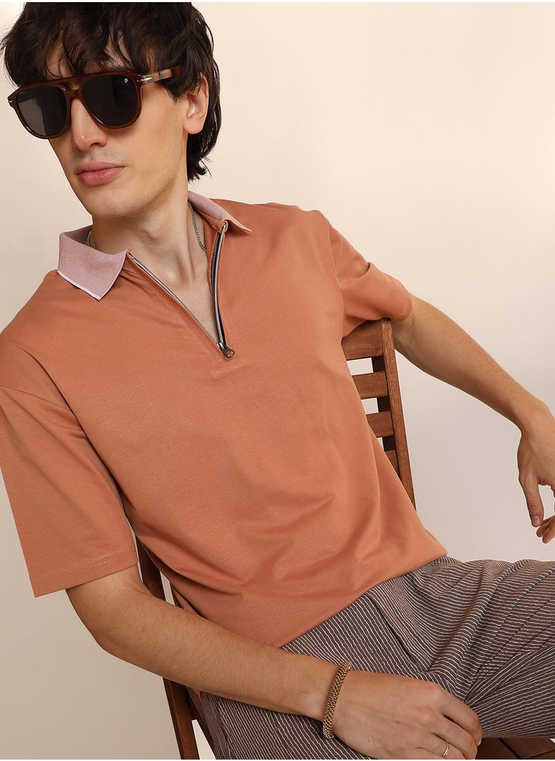 Men's Cantalope Orange Solid Oversized Polo T-Shirt