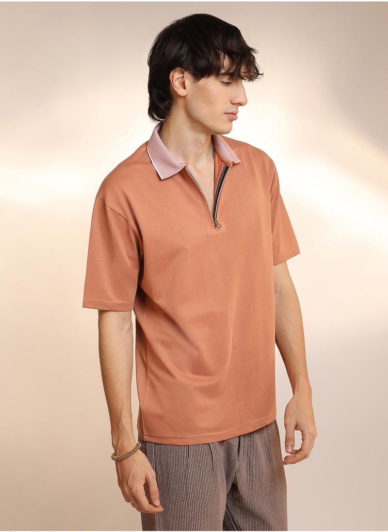 Men's Cantalope Orange Solid Oversized Polo T-Shirt