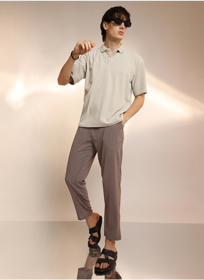 Men's Saltbox Beige Ribbed Oversized Polo T-Shirt
