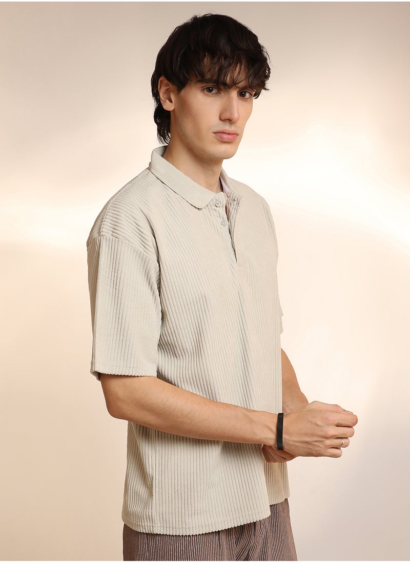 Men's Saltbox Beige Ribbed Oversized Polo T-Shirt
