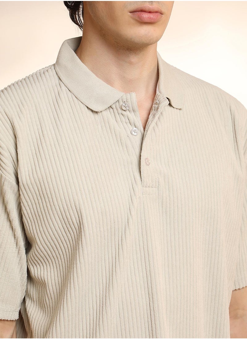 Men's Saltbox Beige Ribbed Oversized Polo T-Shirt