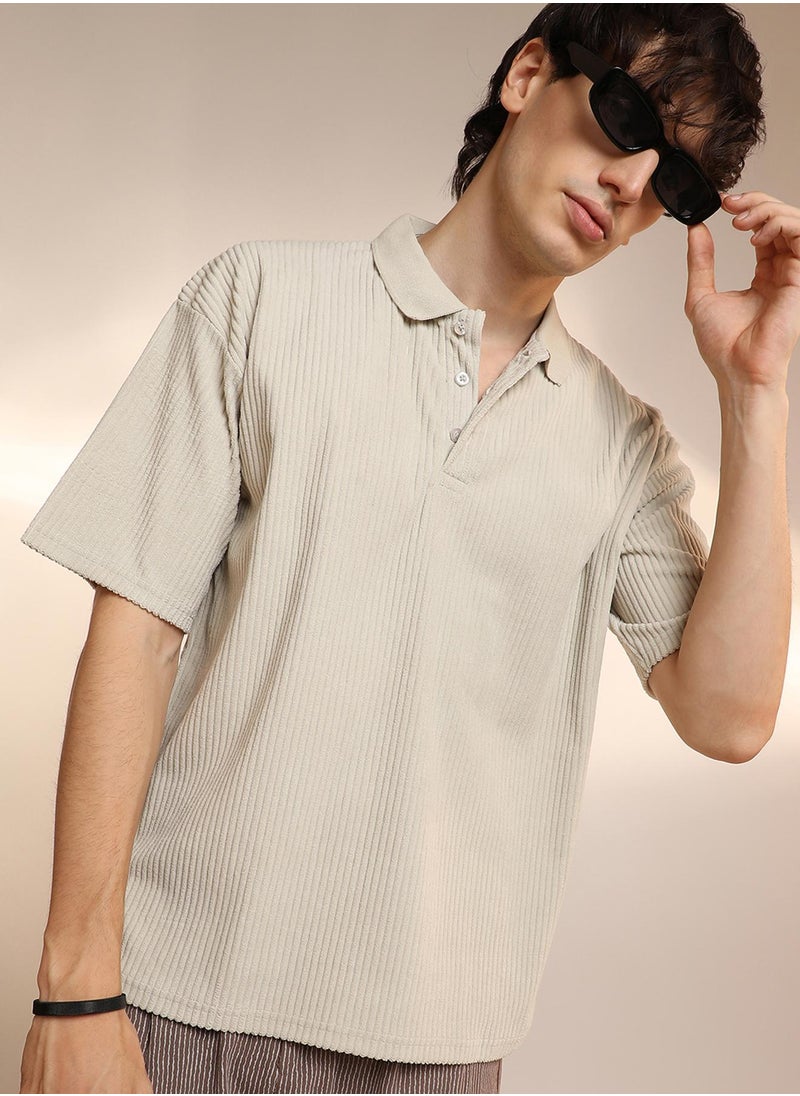 Men's Saltbox Beige Ribbed Oversized Polo T-Shirt