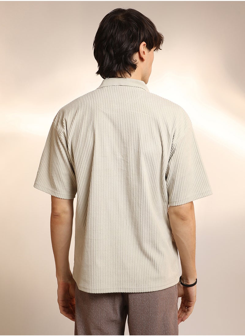 Men's Saltbox Beige Ribbed Oversized Polo T-Shirt