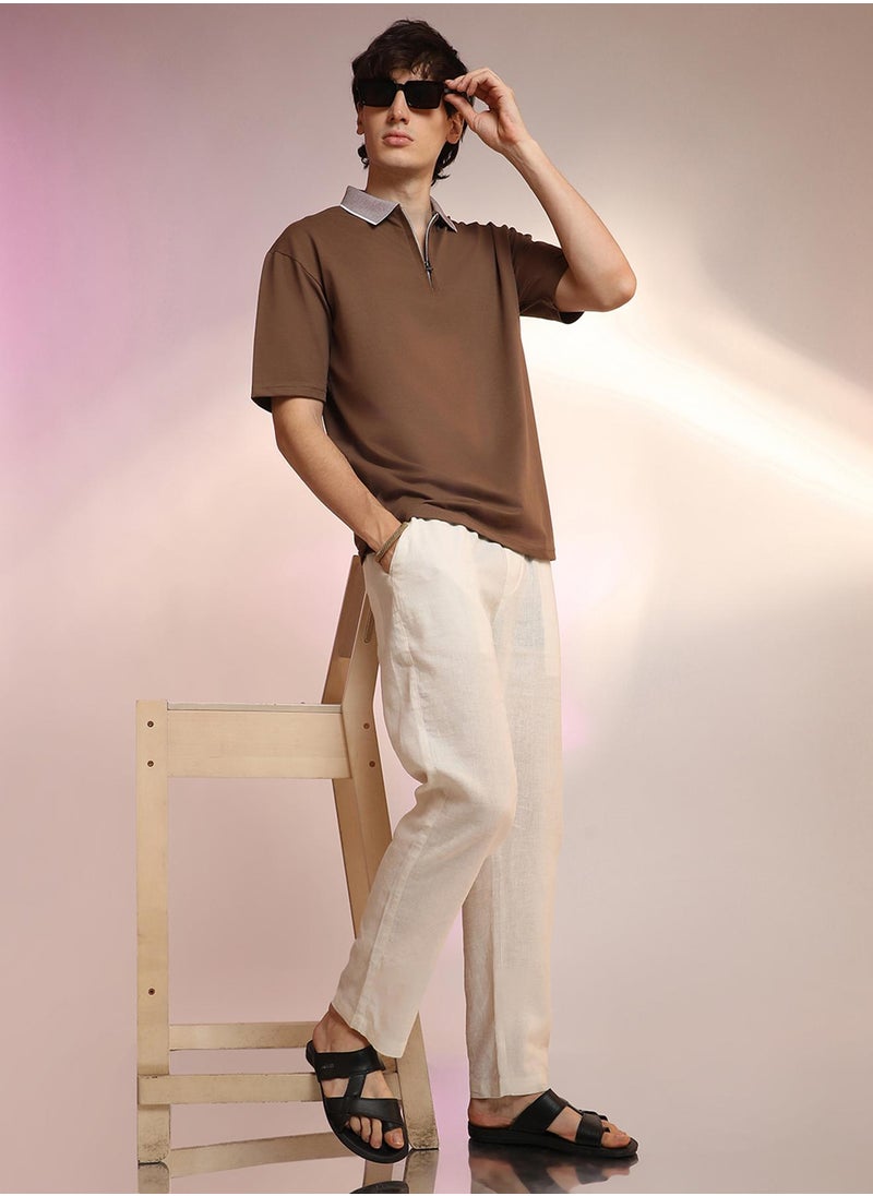 Men's Chocolate Brown Solid Oversized Polo T-Shirt