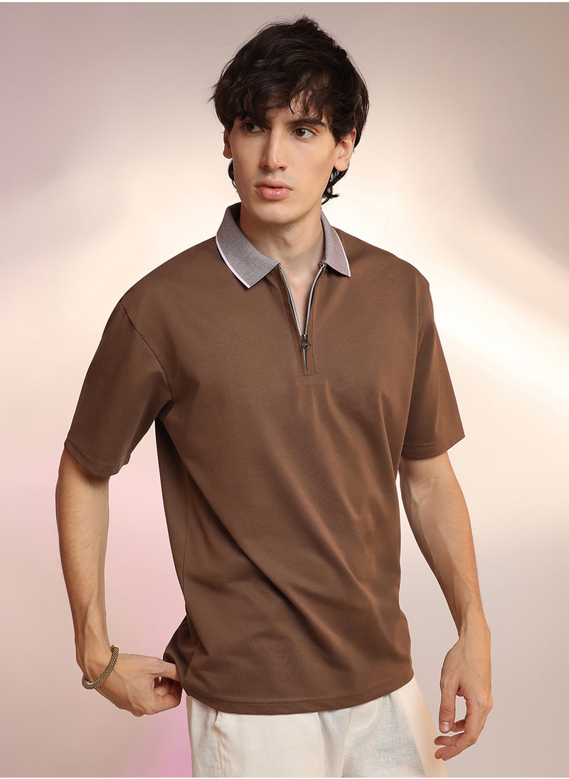 Men's Chocolate Brown Solid Oversized Polo T-Shirt