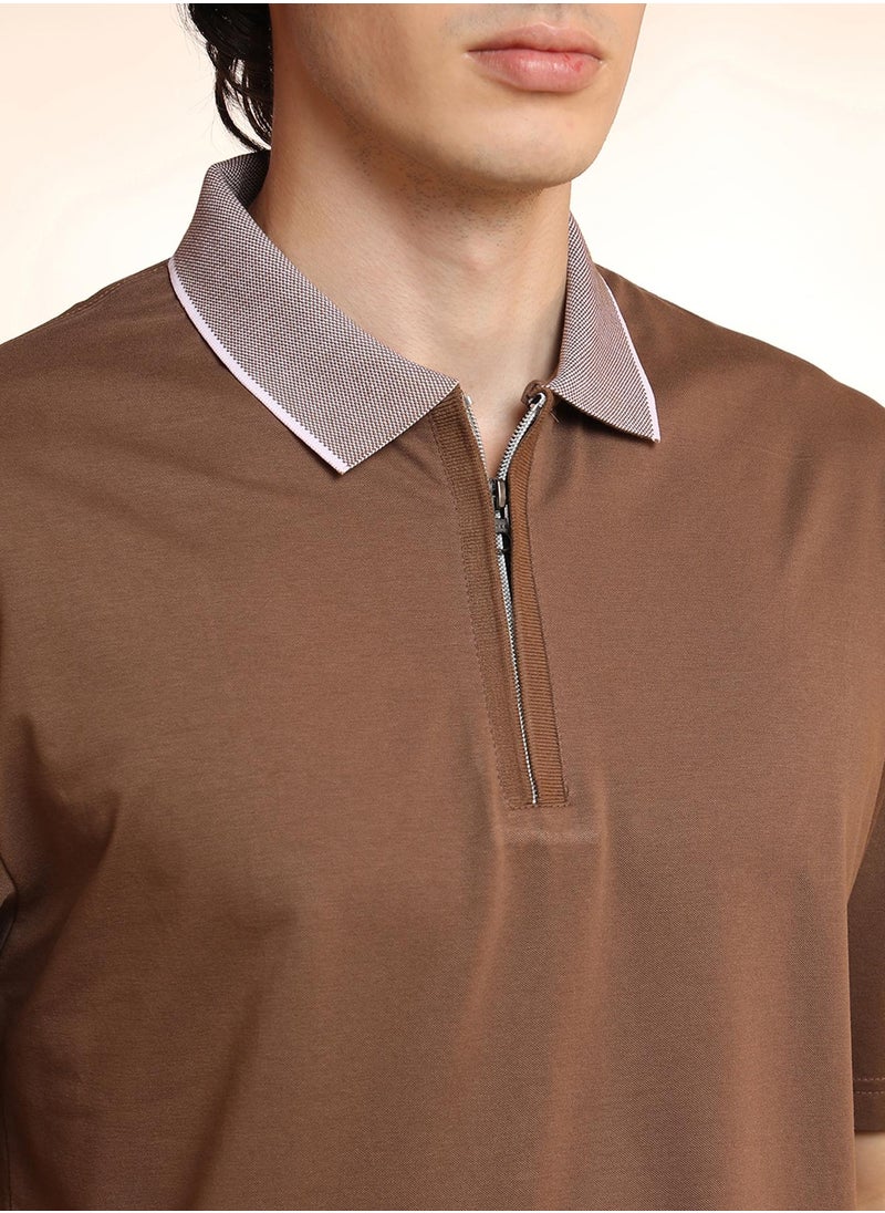 Men's Chocolate Brown Solid Oversized Polo T-Shirt