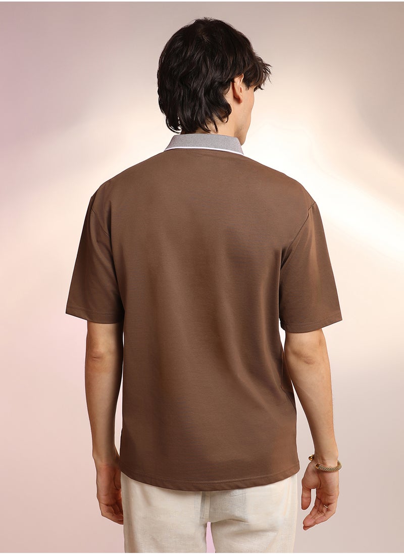 Men's Chocolate Brown Solid Oversized Polo T-Shirt