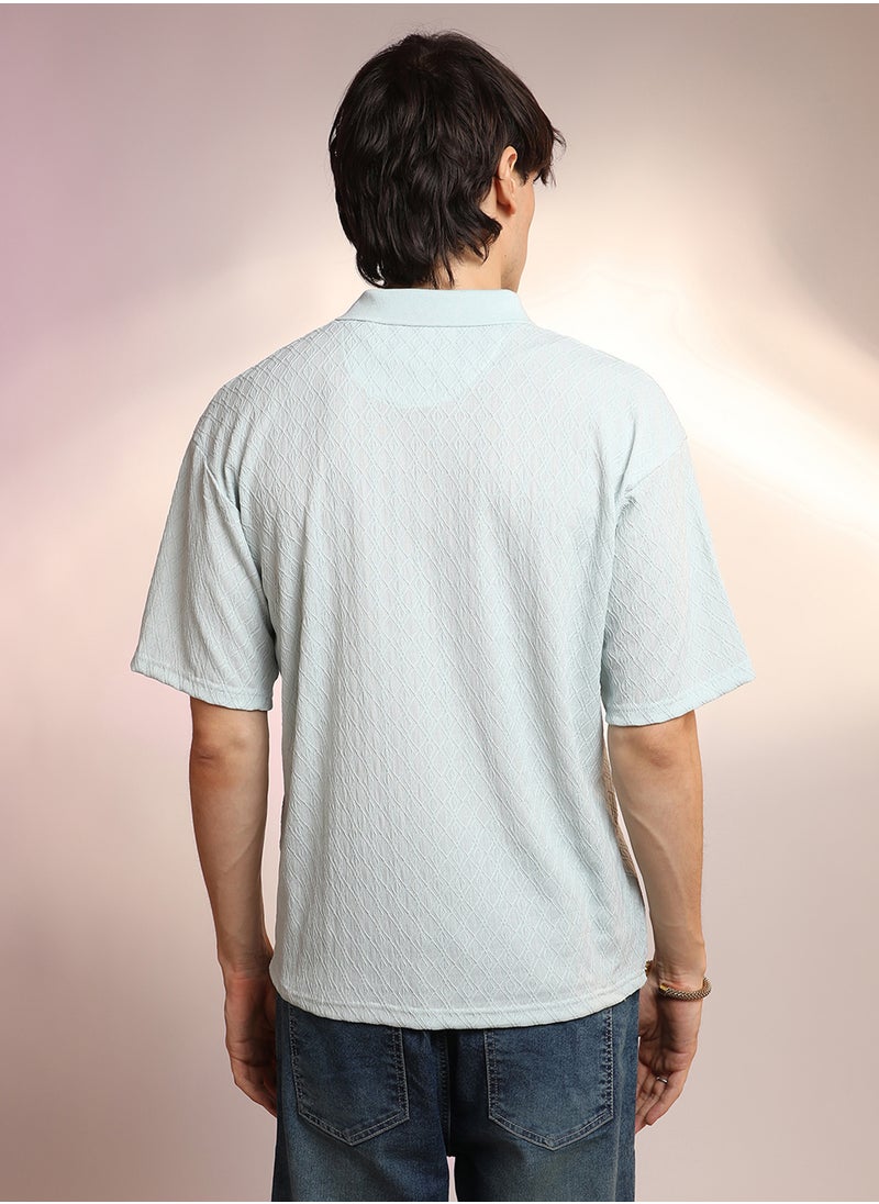 Men's Baby Blue Rhombus-Textured Polo T-Shirt