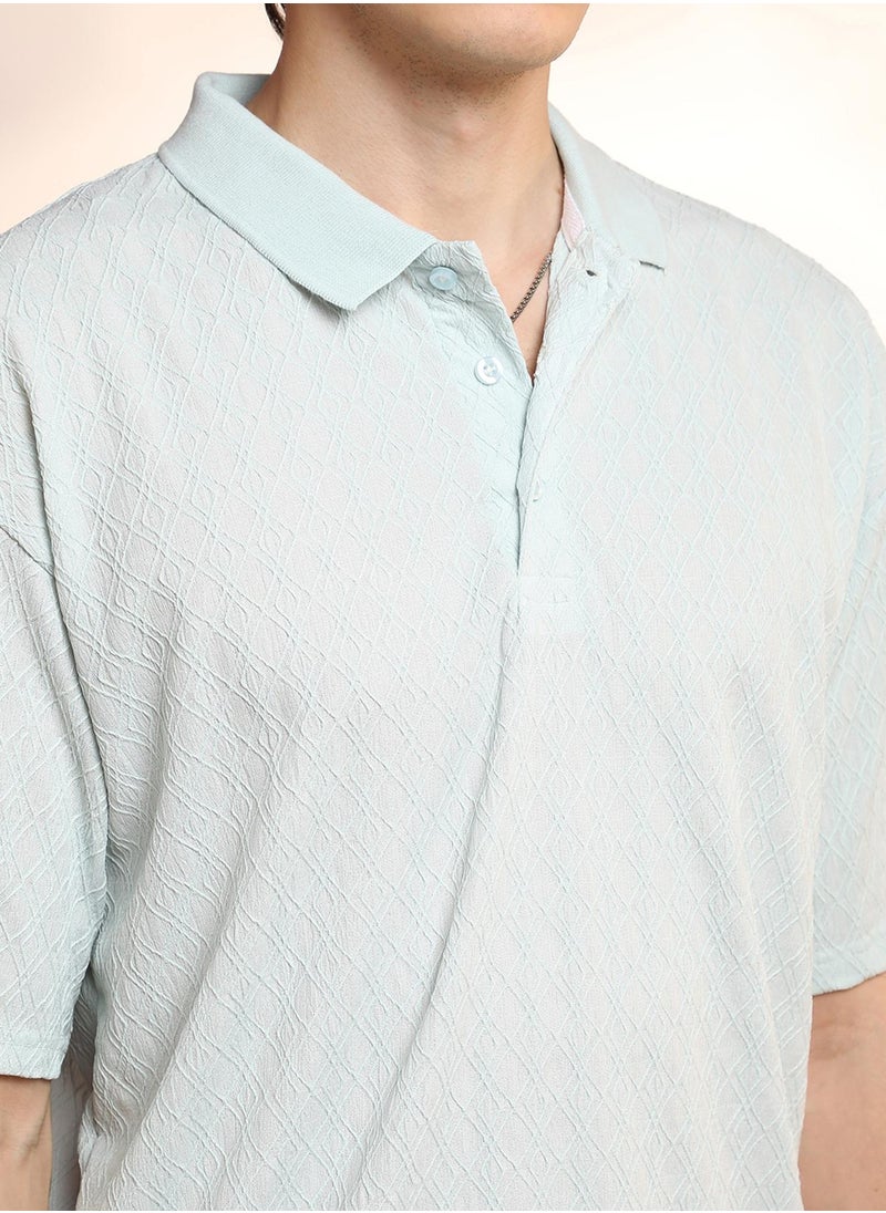 Men's Baby Blue Rhombus-Textured Polo T-Shirt