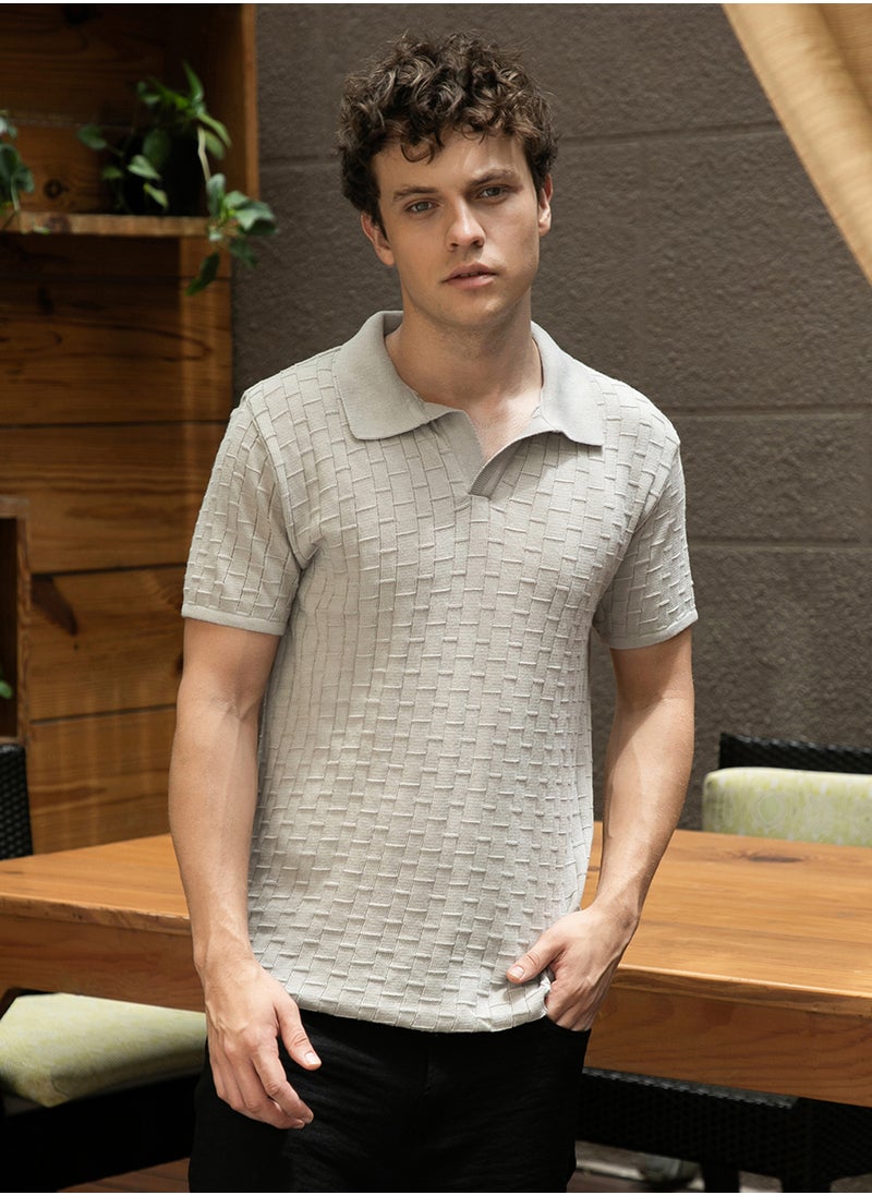 Men's Cloud Grey Brick-Textured Polo T-Shirt