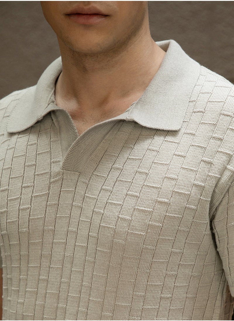 Men's Cloud Grey Brick-Textured Polo T-Shirt