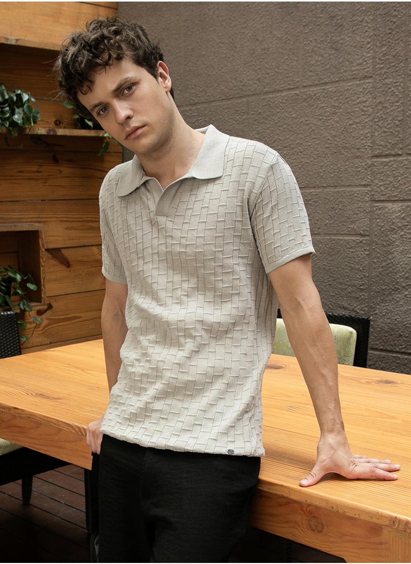 Men's Cloud Grey Brick-Textured Polo T-Shirt