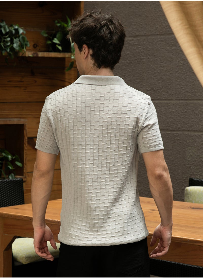 Men's Cloud Grey Brick-Textured Polo T-Shirt