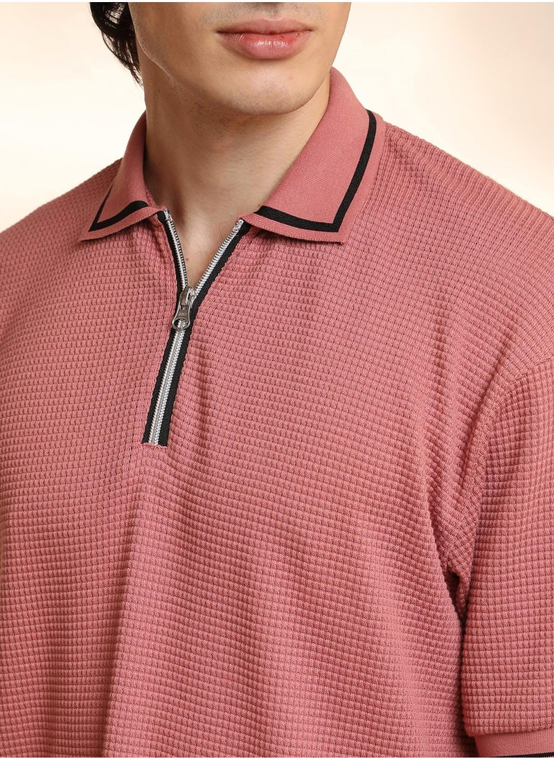 Men's Salmon Pink Micro-Waffle Polo T-Shirt