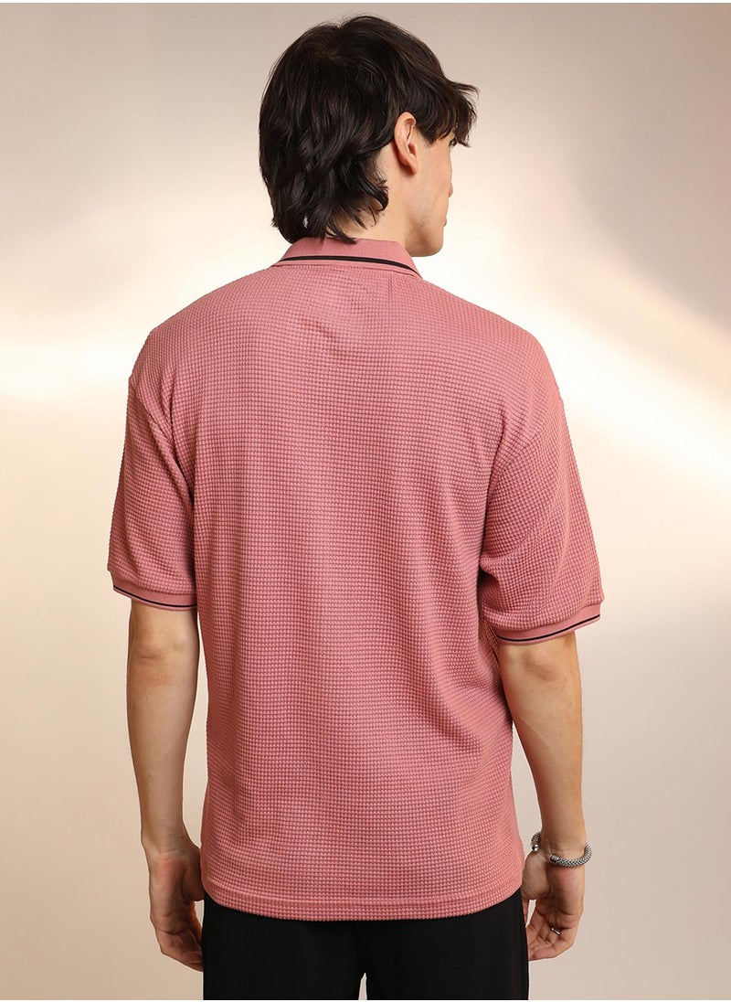 Men's Salmon Pink Micro-Waffle Polo T-Shirt
