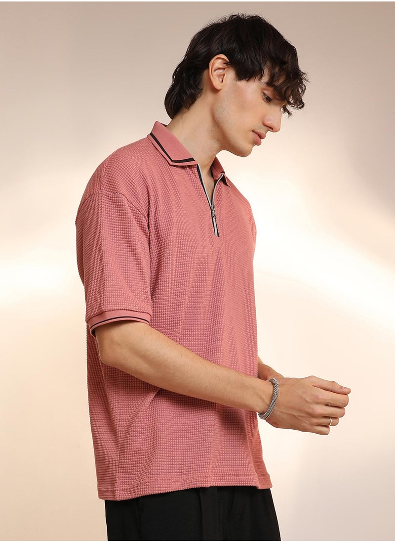 Men's Salmon Pink Micro-Waffle Polo T-Shirt