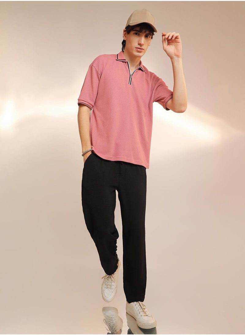 Men's Salmon Pink Micro-Waffle Polo T-Shirt
