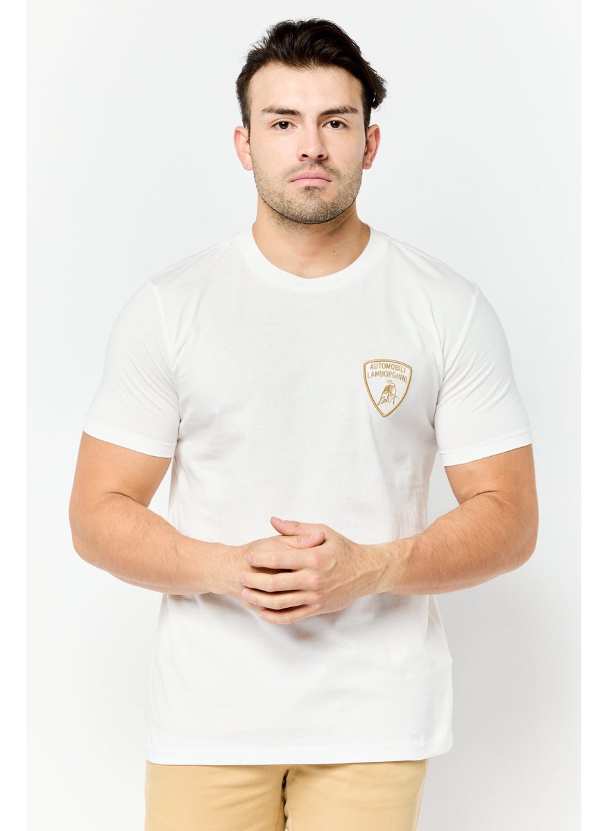 Men Crew Neck Short Sleeves Embroidered Logo T-Shirt, White