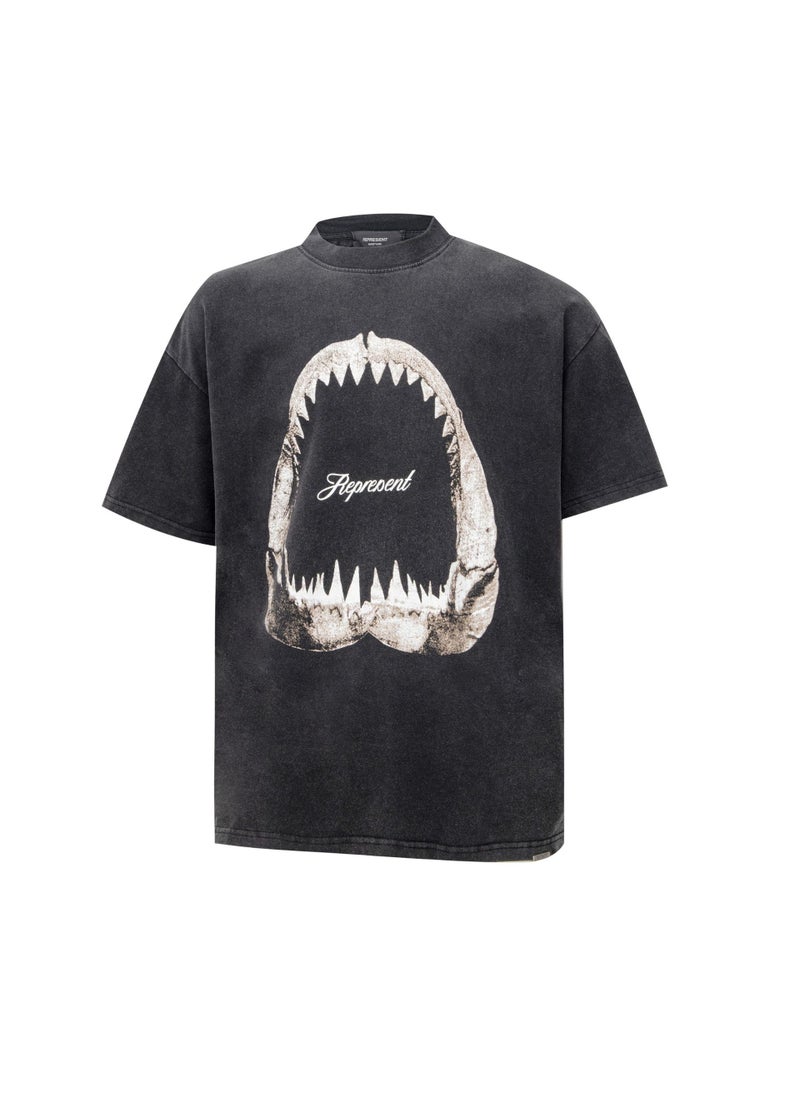 Unisex Retro Shark Print Cotton Tee washing ash
