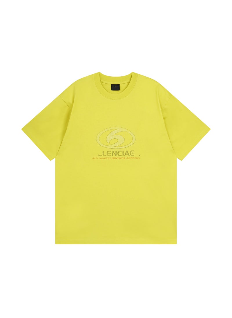 High quality Paris Bs LOGO straight split printed ready-to-wear worn old simple all-match round neck T-shirt couple style Yellow