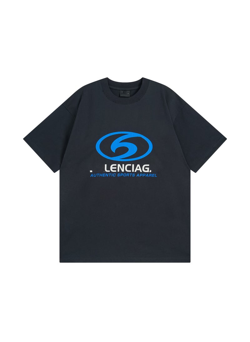 High quality Paris Bs LOGO straight split printed ready-to-wear worn old simple all-match round neck T-shirt couple style gray blue