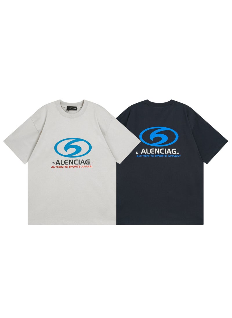 High quality Paris Bs LOGO straight split printed ready-to-wear worn old simple all-match round neck T-shirt couple style gray blue