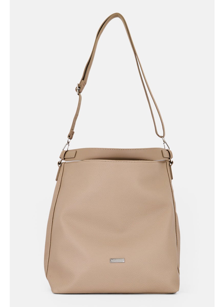 Women Brand Logo Shoulder Bag, Dark Beige