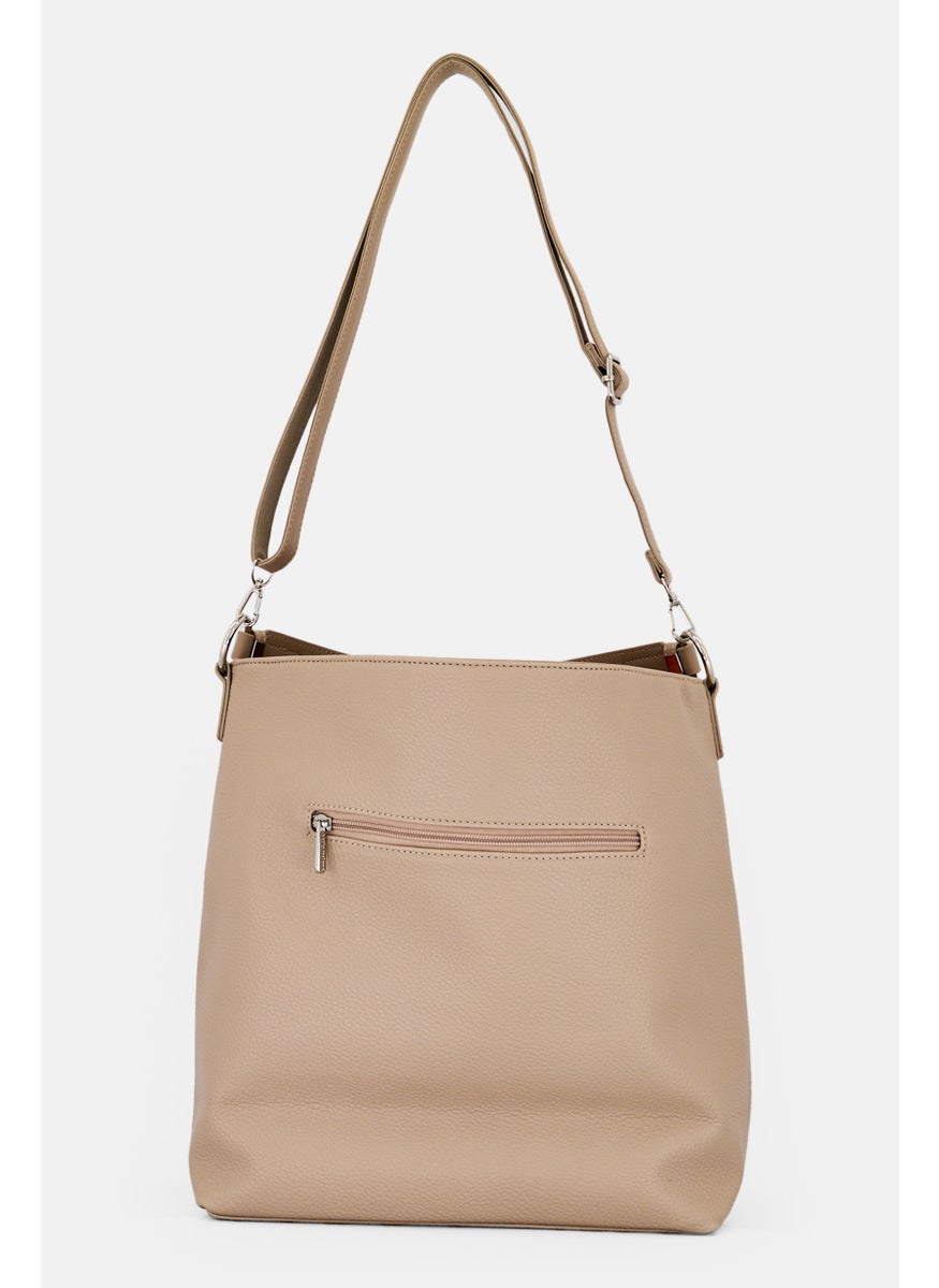 Women Brand Logo Shoulder Bag, Dark Beige