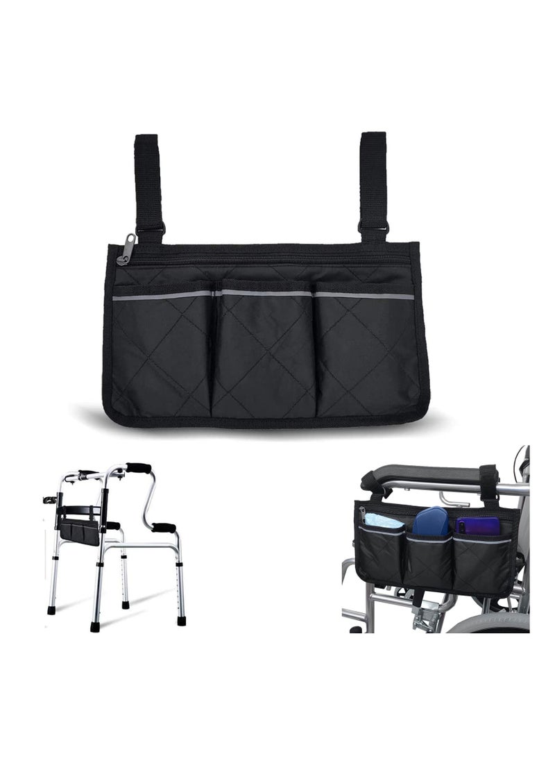 Wheelchair Bag with Pockets, Universal Waterproof Armrest Side Bag for Home, Outdoor, Baby Cart, Black