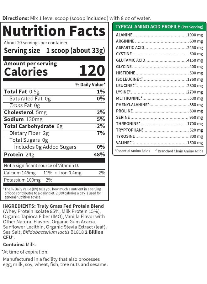 Sport Whey Protein Powder Vanilla Premium Grass Fed Whey Protein Isolate Plus Probiotics For Immune System Health 24G Protein Non GMO Gluten Free Cold Processed 20 Servings