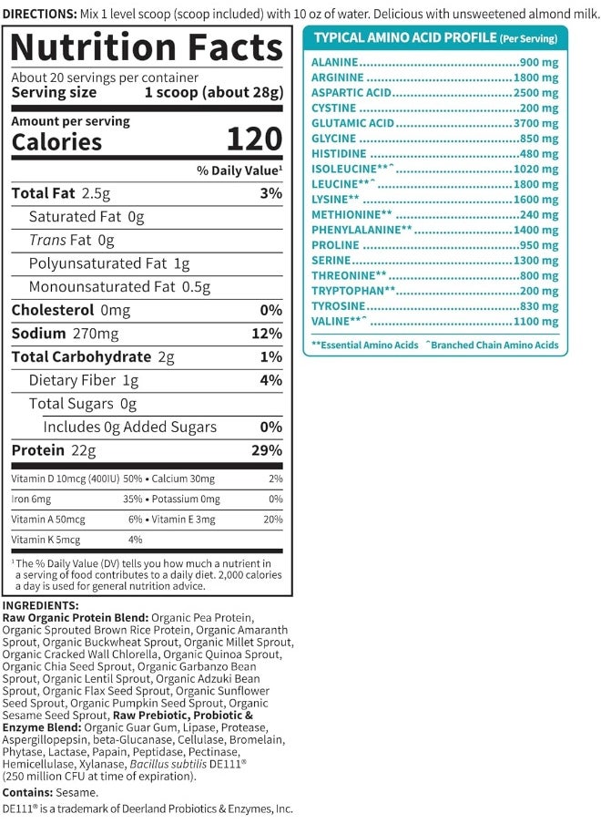 Raw Organic Protein Powder Unflavored No Stevia 19.75oz (560g)