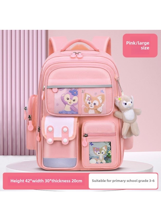 Primary School Schoolbag Children's 1-3-6 Grade Backpack Water-repellent Large Capacity Sandwich OxFord Cloth Backpack-Color:Pink Large (send Accessories)