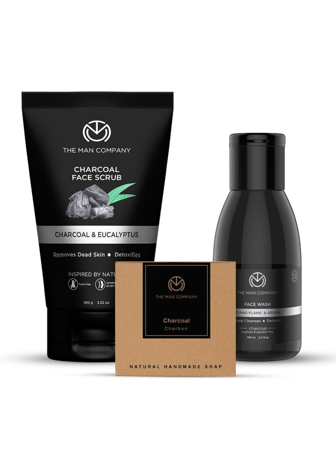 The Man Company Charcoal Gift Set | Charcoal Soap, Face Wash, Face Scrub | Deep Cleansing, Detox Skin, Anti Acne, Blackhead & Dirt Removal - Pack of 3
