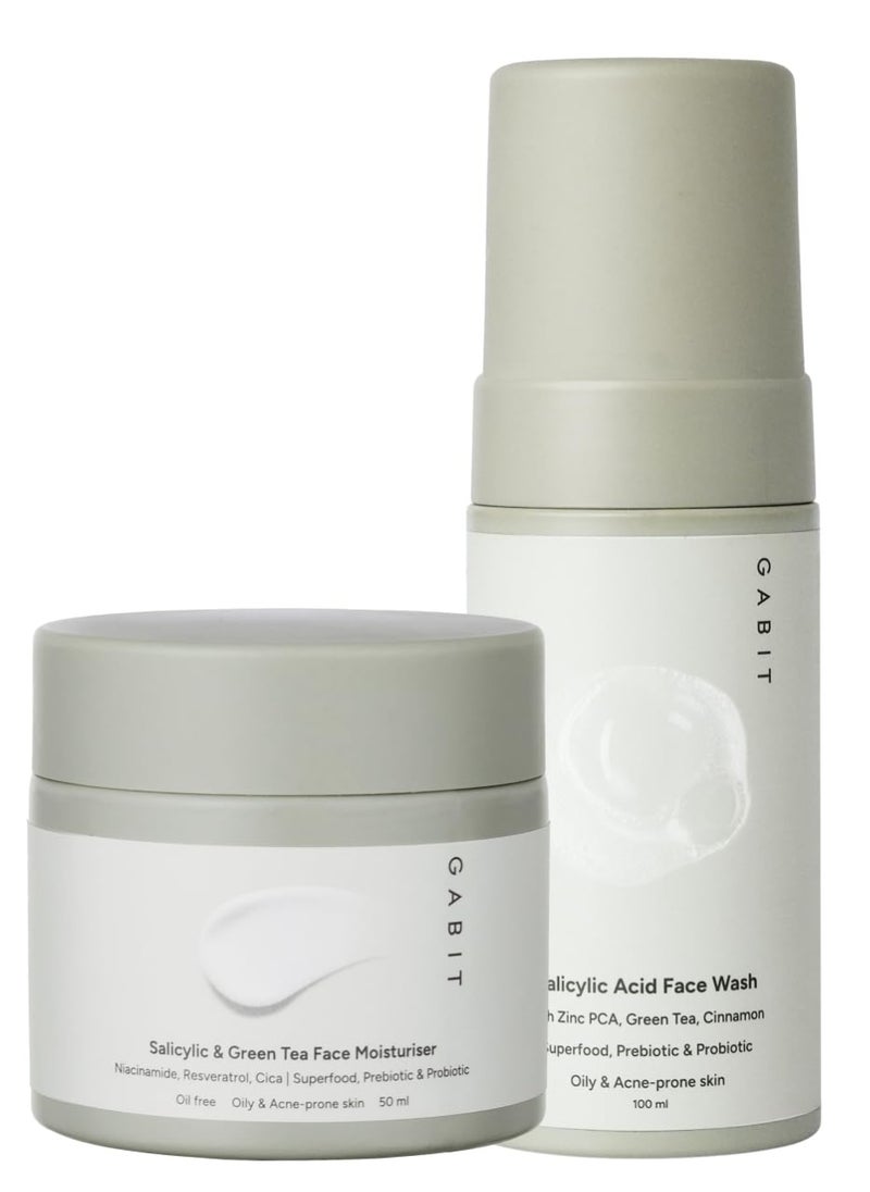 Oily Skin Essentials Kit for Oily & Acne Prone Skin | Salicylic Acid Face Wash, Salicylic & Green Tea Face Moisturizer | Reduces Breakouts, Open pores, Blackheads, Whiteheads| Women & Men, 150ml