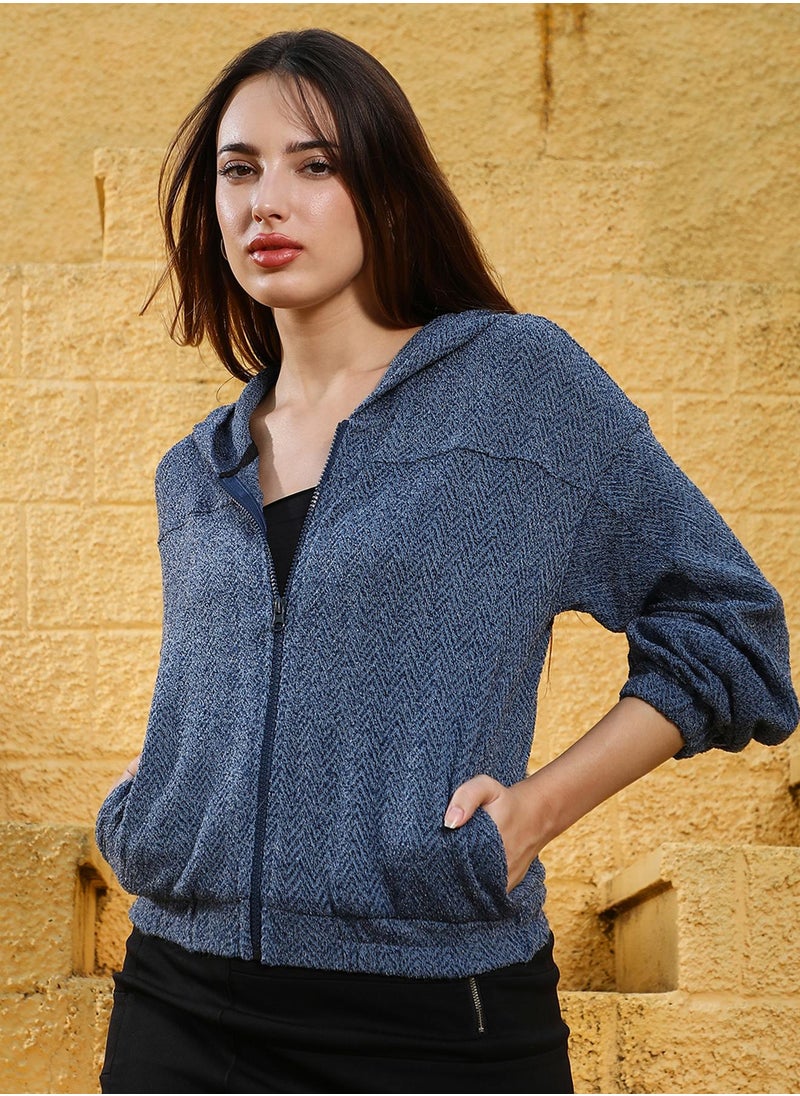 Women's Aegean Blue Zip-Front Chevron Hoodie